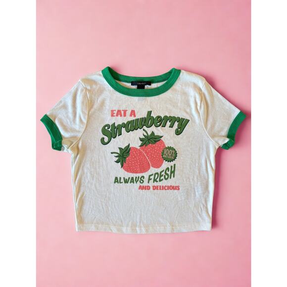 Forever 21 “Eat a Strawberry” Baby Tee | Women’s Small Green Ringer Crop Top - Picture 1 of 6